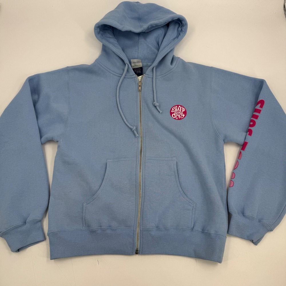 Surf Diva Zip Up Hoodie Sweatshirt Women's Large‎ Surf Team Pink Blue Graphic